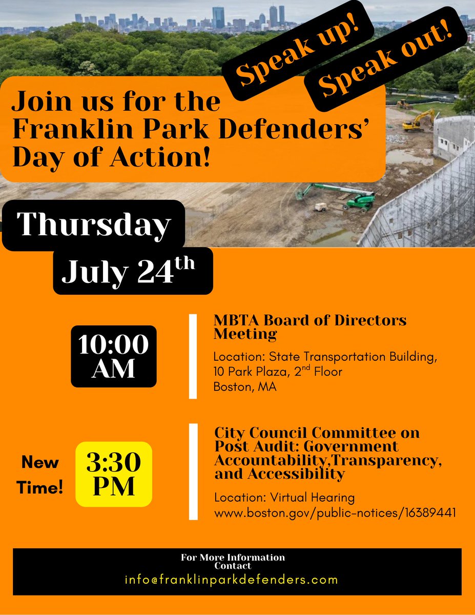 🚨 Day of Action – Thurs, July 24! 🚨
🕙 10AM: MBTA Board Meeting (10 Park Plaza)
🕞 3:30PM: City Council Hearing on $200M White Stadium deal (Virtual)
🔗 boston.gov/public-notices…

Show up. Speak out. Defend public land!
#SaveWhiteStadium #FranklinPark #BostonDeservesBetter