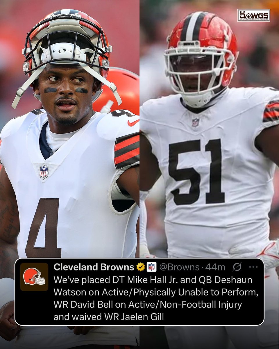 thedawgspodcast's tweet image. As expected, the Browns have placed Deshaun Watson on the PUP to begin training camp.
Mike Hall Jr. was also placed on PUP as he continues his rehab from offseason knee surgery.
David Bell missed almost all of last season with a hip injury that required surgery. However, he…