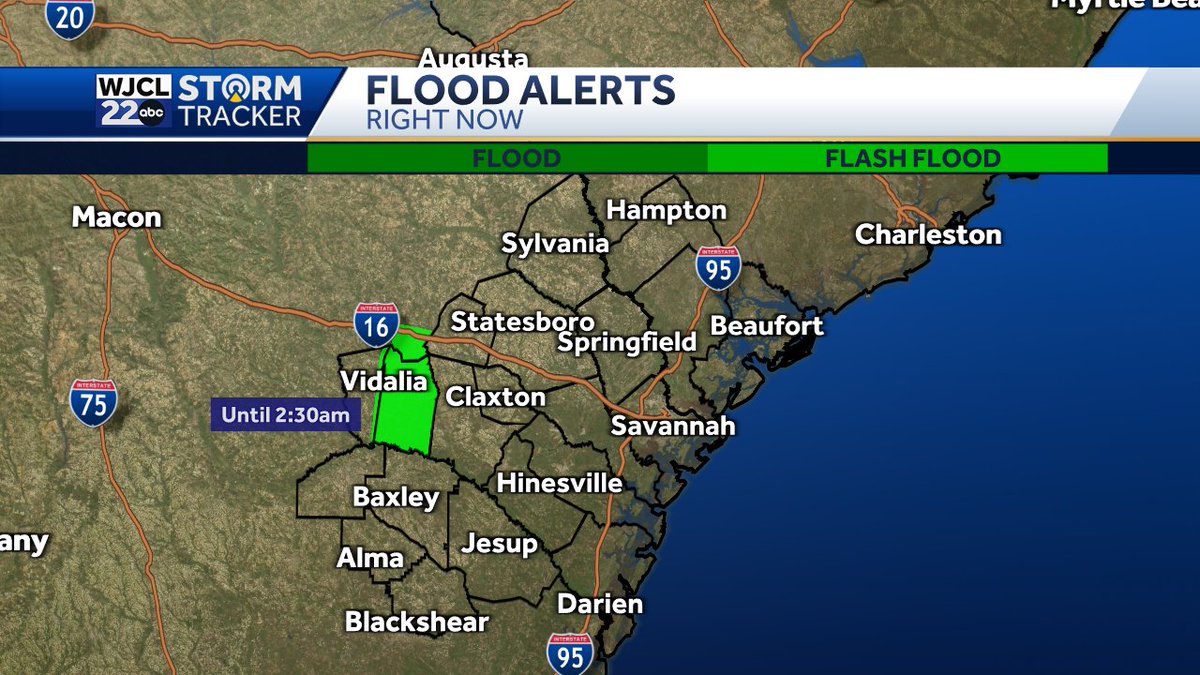 jnelsonWJCL's tweet image. A Flash Flood Warning is in effect for eastern Montgomery & Toombs counties until 2:30am. 2-3.5" of rain has fallen with another 1-2" possible. Streams/creeks/rivers may rise rapidly. #gawx