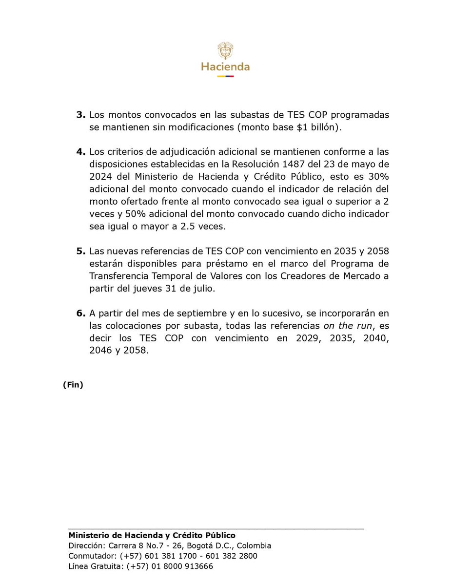 MinHacienda's tweet image. @MinHacienda ajusta su estrategia de TES COP en el mercado local