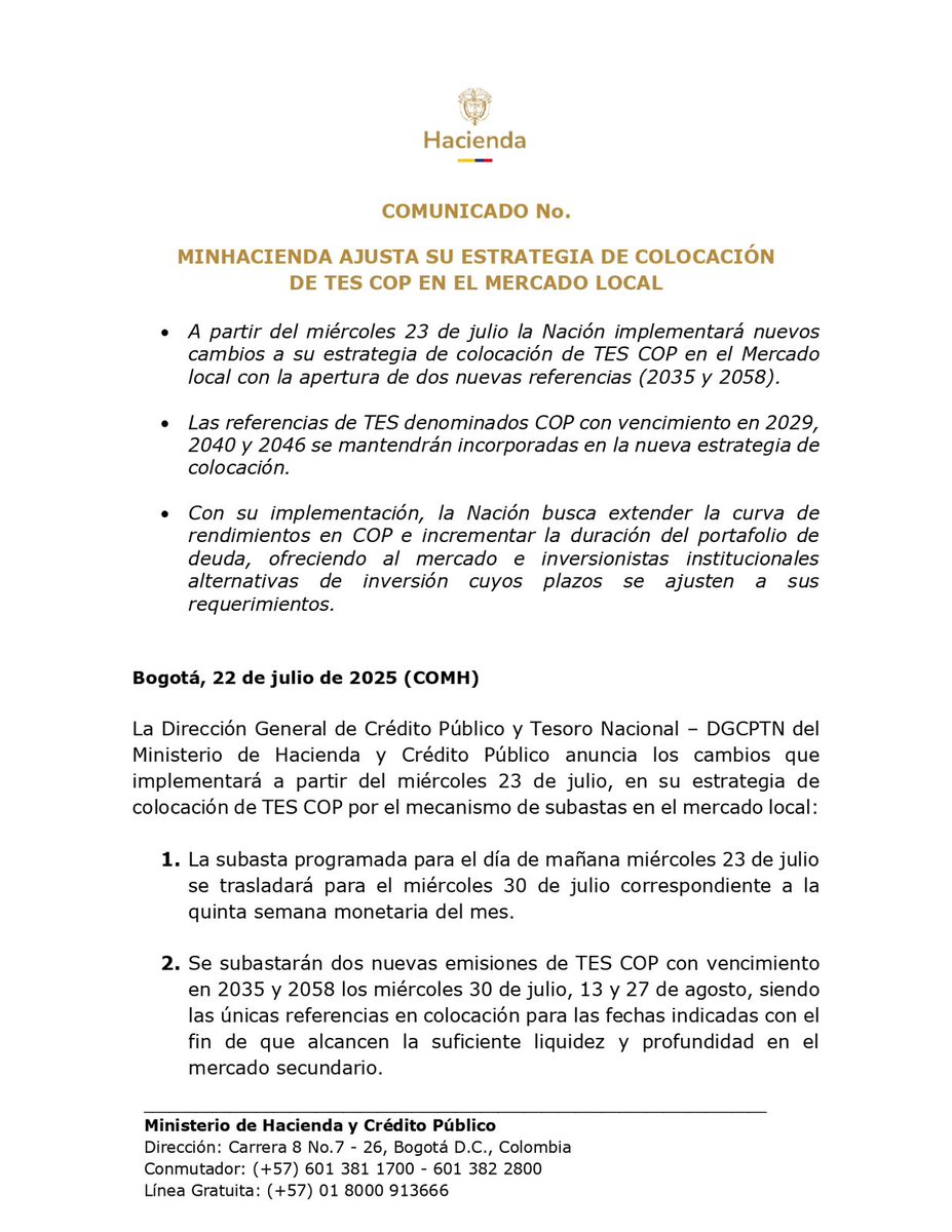 MinHacienda's tweet image. @MinHacienda ajusta su estrategia de TES COP en el mercado local