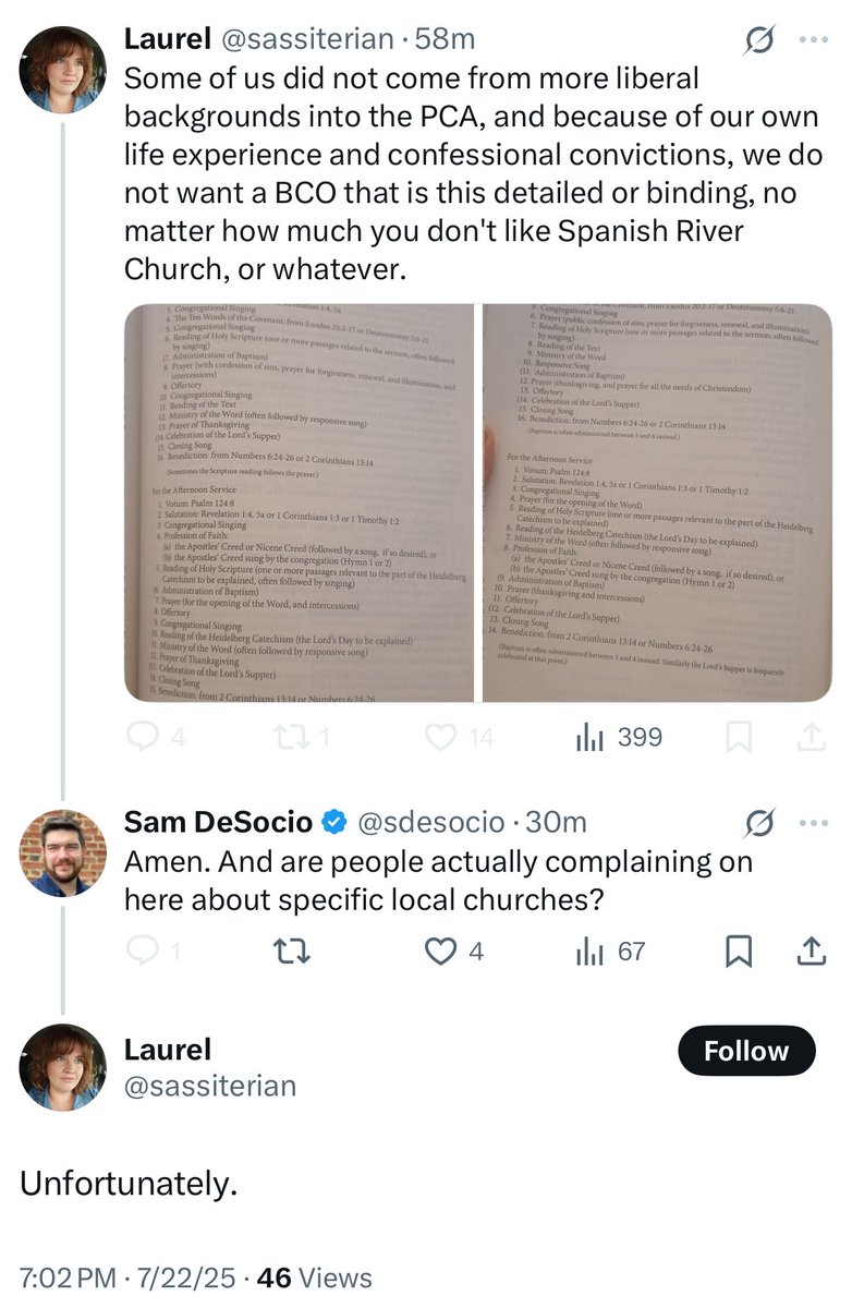 FrankCapraJr's tweet image. Was made aware that the ever-concerned PCA pastor’s wife Laurel Johnson (@sassiterian) is whining about me from behind a block.
She used to whine about me in my comments, but I guess this is where she’s landed.
A welcome improvement, to be sure!