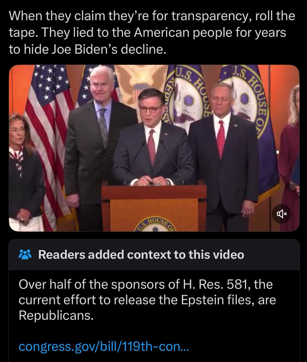 KarlKWuckert's tweet image. While @SpeakerJohnson decides to back the Trump coverup by pretending the Epstein case is just a Democrat hoax, users on X drop a Community Note showing that over half the cosponsors on @RepThomasMassie’s bill are Republicans.
Big fail, Mike.