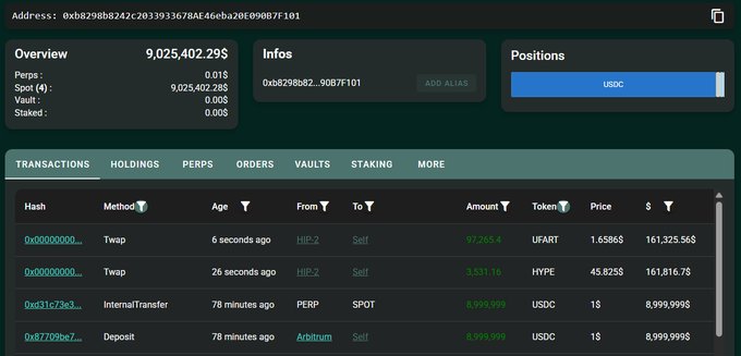 Wallet depositing $9M USDC into HyperLiquid with TWAP orders for HYPE and FARTCOIN