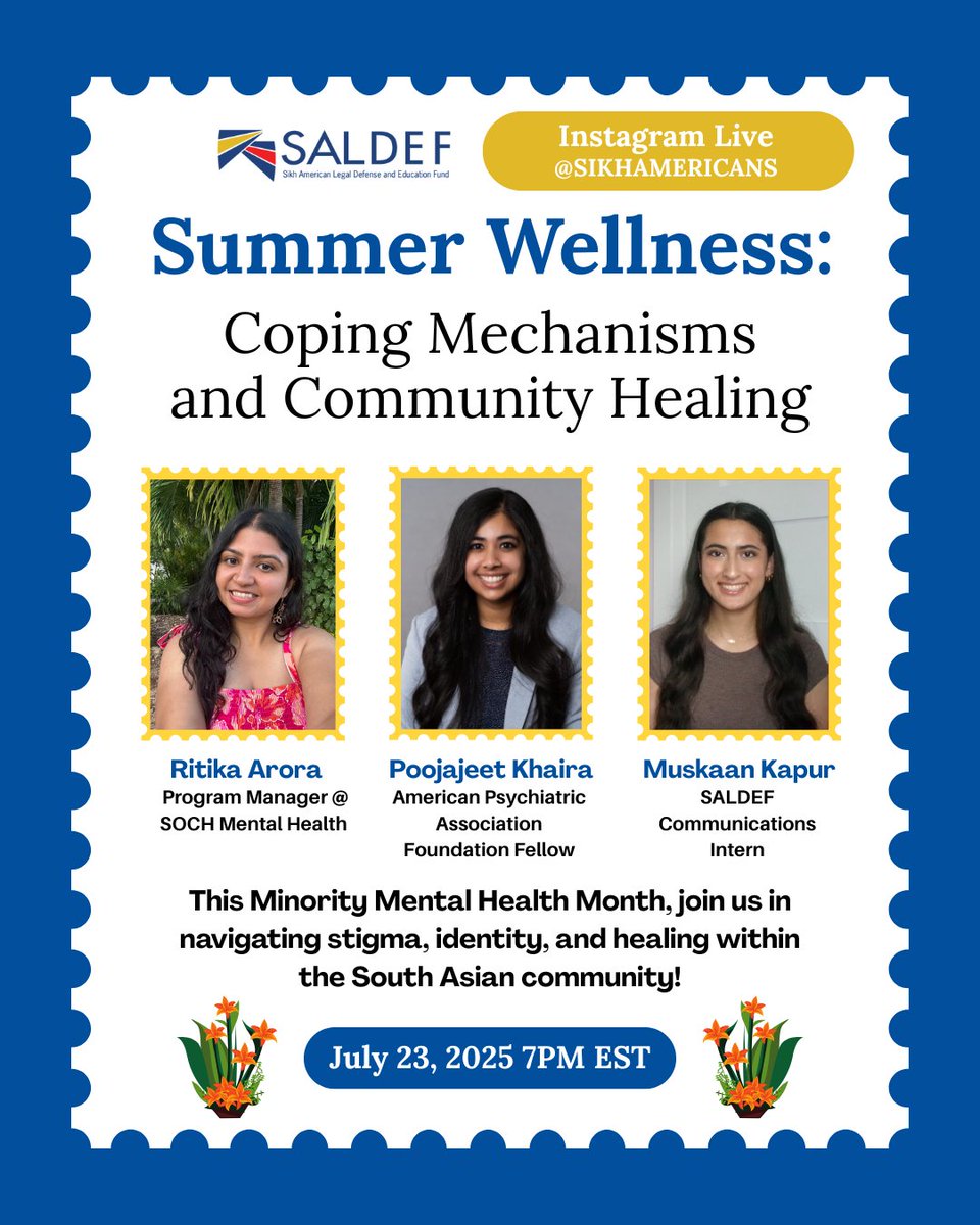 SALDEF (@saldef) on Twitter photo Feeling overwhelmed or disconnected this summer? You’re not alone. 🫂
💬Join us LIVE on IG tomorrow at 7 PM EST @ sikhamericans for a convo on #mentalhealth, community, and faith!
🩶Hosted by #SALDEF and featuring voices from <a href="/SOCHmh/">Soch Mental Health</a> & <a href="/PsychFoundation/">APA Foundation</a>. Feeling overwhelmed or disconnected this summer? You’re not alone. 🫂
💬Join us LIVE on IG tomorrow at 7 PM EST @ sikhamericans for a convo on #mentalhealth, community, and faith!
🩶Hosted by #SALDEF and featuring voices from <a href="/SOCHmh/">Soch Mental Health</a> & <a href="/PsychFoundation/">APA Foundation</a>.