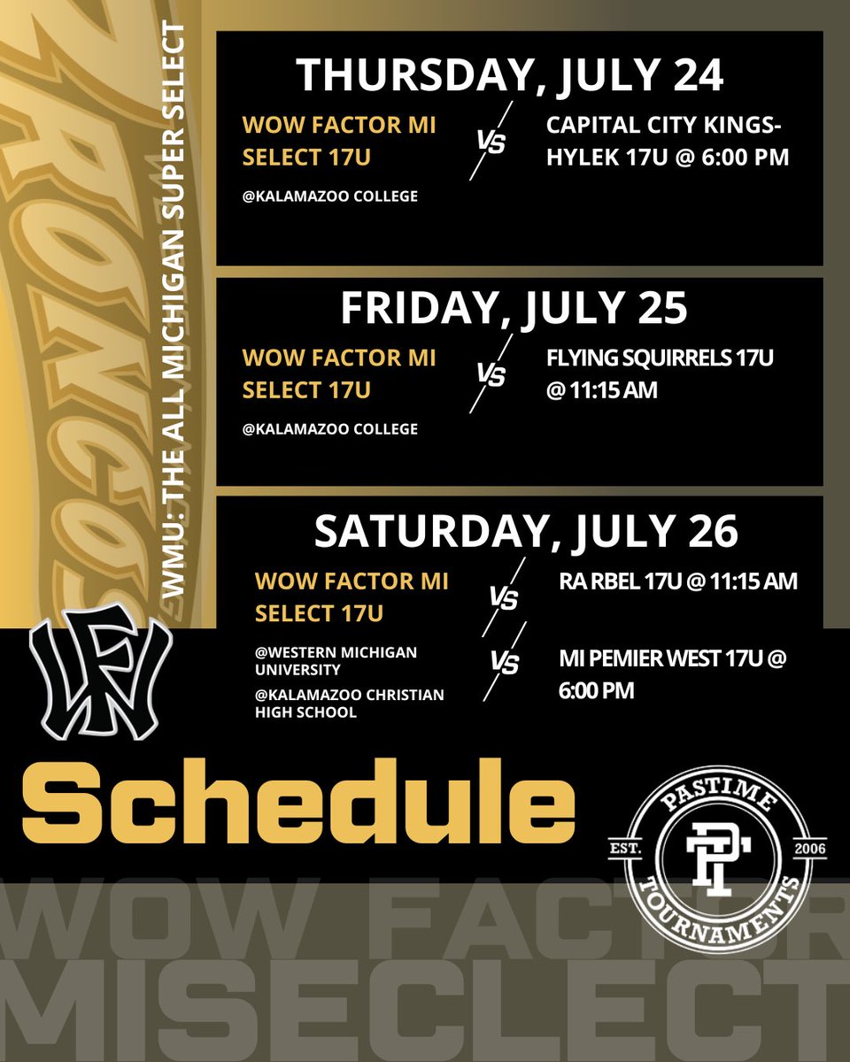 ⚾ Wow Factor MI 17U Select Takes on the All Michigan Super Select! ⚾

Our Wow Factor Michigan 17U Select team is headed to Western Michigan University this week to compete in the All Michigan Super Select Tournament!

📍 Tournament Locations:
Western Michigan University,