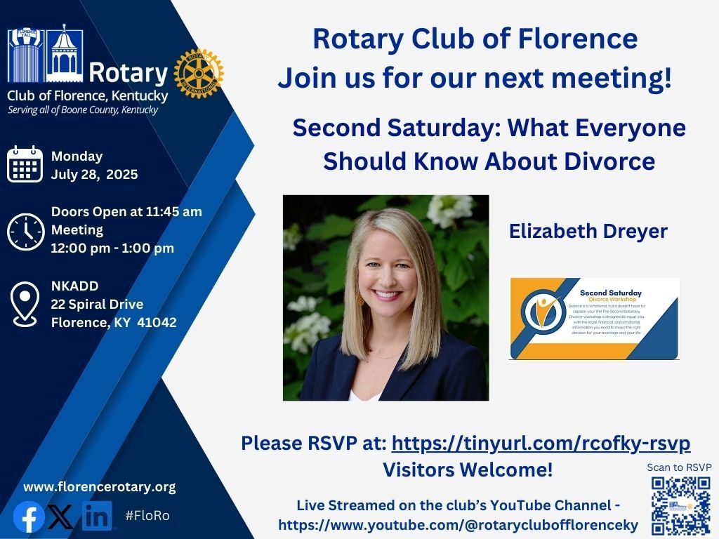 Empowering people through life’s toughest transitions—💪
 That’s the mission of Second Saturday.
 Join us for a powerful presentation with Elizabeth Dreyer on July 28.
 #DivorceSupport #SecondSaturday #RotaryFlorenceKY