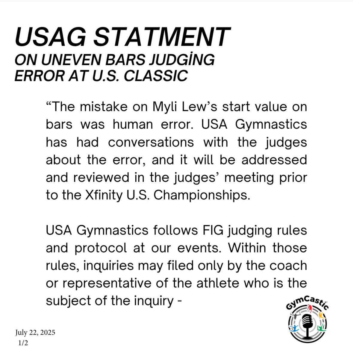 GymCastic's tweet image. In a GymCastic exclusive: USAG issued a statement to us about the bars error.
More in this week’s episode: gymcastic.com/2025-u-s-class…