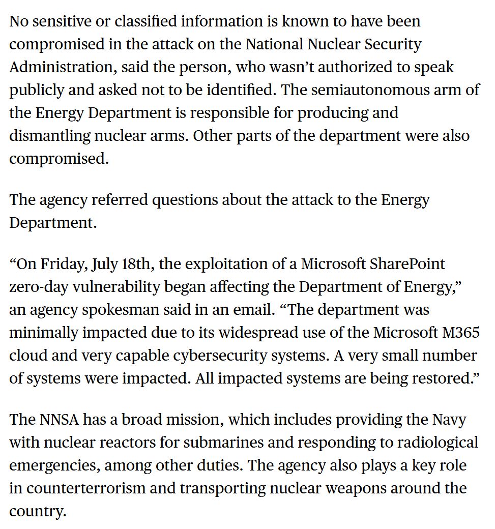 ericgeller's tweet image. Hackers reportedly breached the National Nuclear Security Administration and other parts of the Department of Energy through the Microsoft SharePoint vulnerability. bloomberg.com/news/articles/…