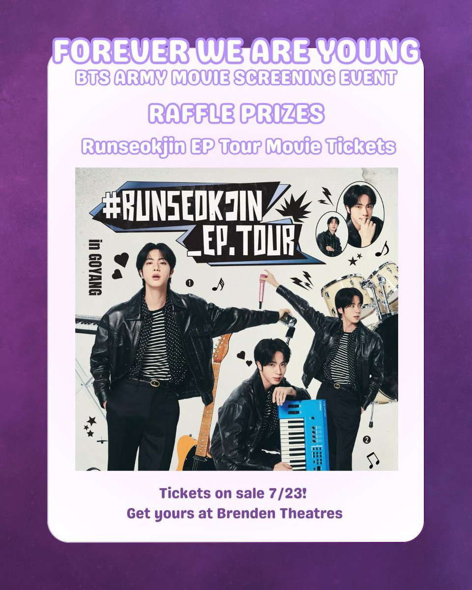 lorenzitasantos's tweet image. ARMY! HUGE RAFFLE NEWS!
Win RUNSEOKJIN EP TOUR LIVE MOVIE TICKETS at the "FOREVER WE ARE YOUNG" screening!
This & official framed BTS posters are for WEDNESDAY, JULY 30TH RAFFLE ONLY!
Event: July 30 & Aug 2 @ Brenden Theatres in the Palms.
Tix & info: brendentheatres.com