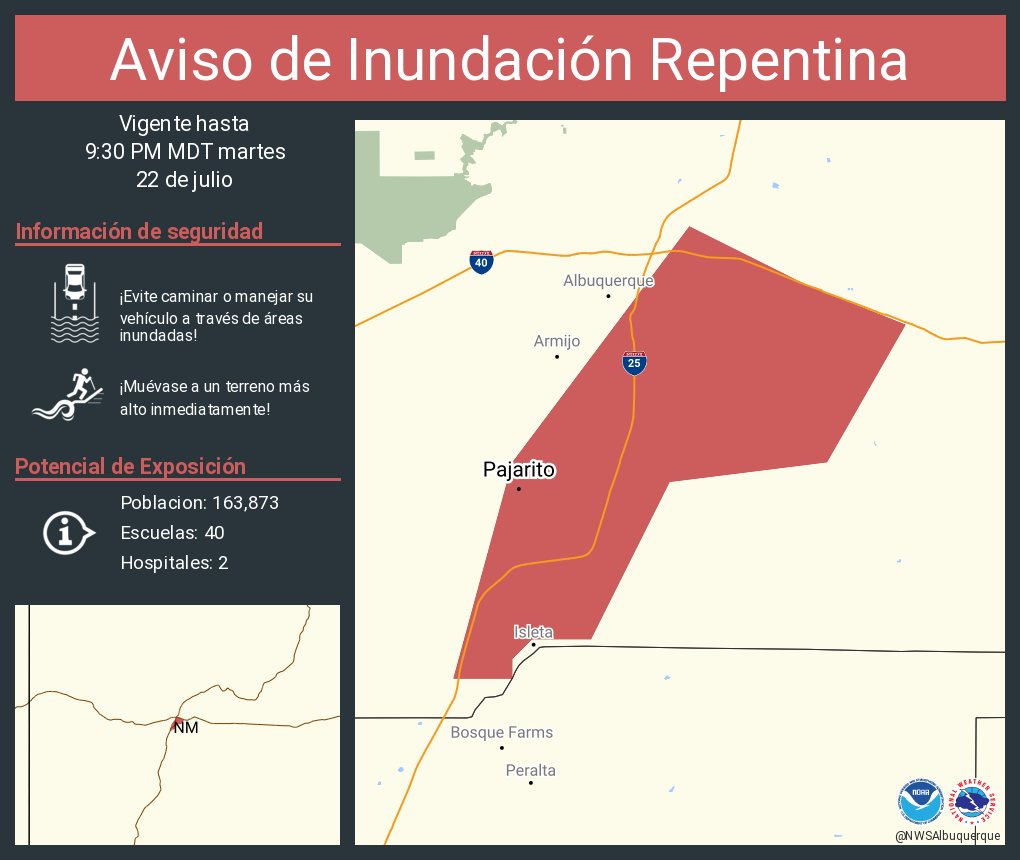 NWSAlbuquerque's tweet image. Aviso de Inundación Repentina incluye Los Padillas NM, Pajarito NM hasta las 9:30 PM MDT