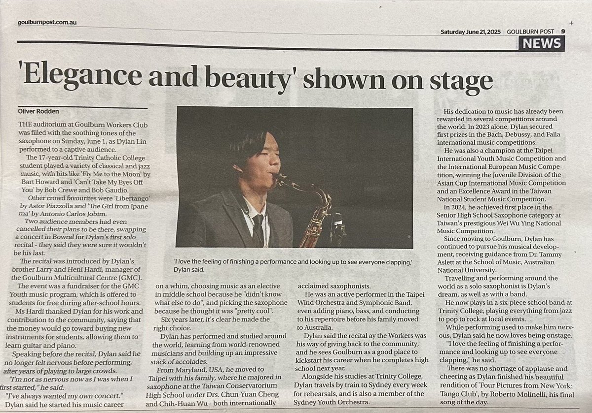 TaiwanAustralia's tweet image. Remember Dylan Lin, who performed at our National Day reception last year? He recently impressed again with a solo saxophone concert at Goulburn Workers Club, earning praise for his elegance and musicality. A #Taiwan rising star with international awards to his name!