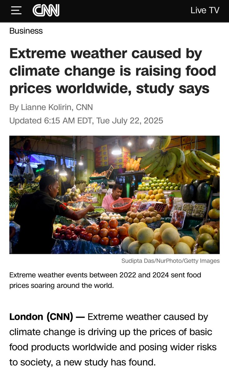 ChrisMartzWX's tweet image. CNN: “Extreme weather caused by climate change is raising food prices worldwide, study says.”
Two points:
1️⃣ “Climate change” does not cause extreme weather. Suggesting so is the equivalent of suggesting that a baseball player’s batting average causes him to score a home run.…