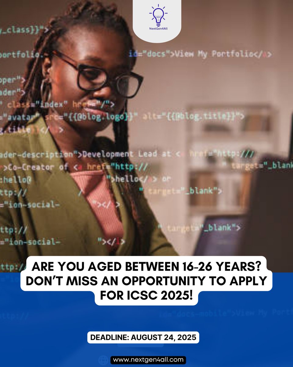 NextGen4All's tweet image. ๐ป International Computer Science Competition 2025
๐ Open globally to high school & university students
๐ Prizes + certificates + global recognition
๐๏ธ Deadline: August 24, 2025
Apply now ๐ icscompetition.org/en/index
@intcompsci
#NextGen4All #ICSC2025 #TechCompetition #STEMYouthโฆ