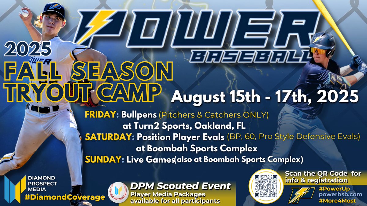 Diamond Prospect Media (@diamondpromedia) on Twitter photo We’ll be in attendance for the <a href="/PowerBSB/">Power Baseball</a> 2025 Fall Season Tryout Camp from August 15-17th which will be filled with tons of talent featuring live scouting coverage, post-event content, and player media packages available for all participants. Details here: diamondprospectmedia.com/eventsignups/p… We’ll be in attendance for the <a href="/PowerBSB/">Power Baseball</a> 2025 Fall Season Tryout Camp from August 15-17th which will be filled with tons of talent featuring live scouting coverage, post-event content, and player media packages available for all participants. Details here: diamondprospectmedia.com/eventsignups/p…