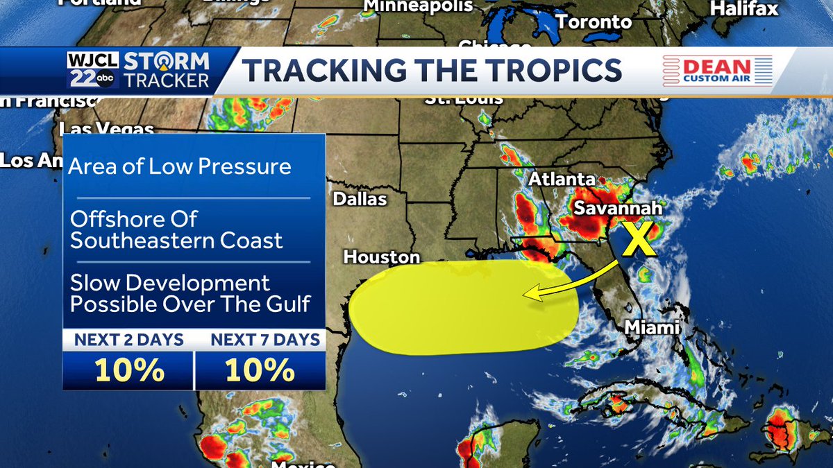 jnelsonWJCL's tweet image. Area of interest highlighted by the National Hurricane Center. Trough of low pressure forecast to move over the northern Gulf. Low chance of tropical development.