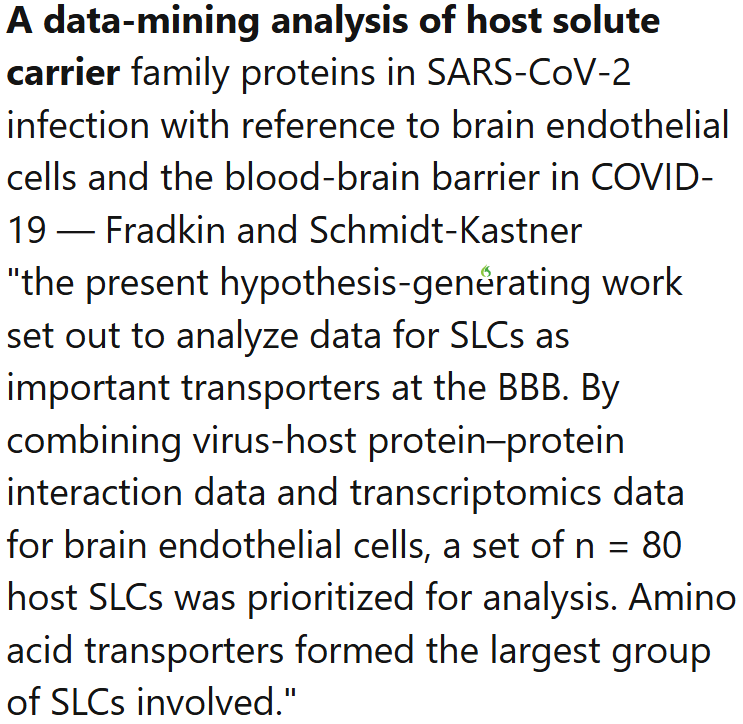 TomKindlon's tweet image. From the US:
A data-mining analysis of host solute carrier family proteins in SARS-CoV-2 infection with reference to brain endothelial cells and the blood-brain barrier in COVID-19
frontiersin.org/journals/neuro…
Screenshot from Science for ME weekly update
#LongCovid #NeuroPASC