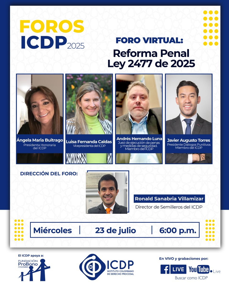 ICDP (@i_c_d_p) on Twitter photo 📢 Foro Virtual ICDP: Reforma Penal - Ley 2477 de 2025
🗣️  Ángela María Buitrago
Luisa Fernanda Caldas
Andrés Hernando Luna
Javier Augusto Torres
📅 Miércoles 23 de julio, 6:00 pm.
📺 youtube.com/live/kTZ0VX2st… 📢 Foro Virtual ICDP: Reforma Penal - Ley 2477 de 2025
🗣️  Ángela María Buitrago
Luisa Fernanda Caldas
Andrés Hernando Luna
Javier Augusto Torres
📅 Miércoles 23 de julio, 6:00 pm.
📺 youtube.com/live/kTZ0VX2st…