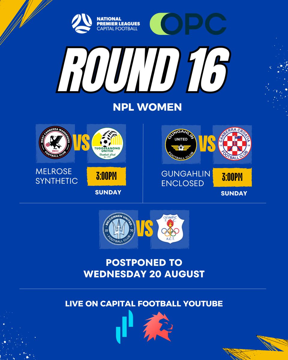 FIXTURES

Fixtures for the OPC NPL Women's this weekend!

Note: the match between Belconnen United and Canberra Olympic has been postponed until 20 August.

#GameOn #NPL25