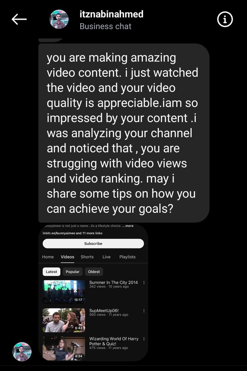 Bunnyaimee's tweet image. I posted my first youtube short today just randomly..and then i get this instagram dm 🤣 hes basing his entire scam on my channel videos from 11 years ago 🤣🤣🤣
I probably do need to update my youtube profile though haha