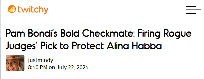 TwitchyTeam's tweet image. Pam Bondi just CHECKMATED rogue NJ judges, firing their pick to replace US Atty Alina Habba
📎 twitchy.com/justmindy/2025…