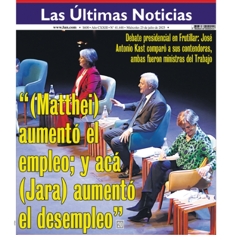 Esto es sencillamente repugnante. 
Las Ultimas Noticias, regalando la portada al candidato de ultra derecha, que determina (sí, el super macho determina) cual de las 2 mujeres lo hizo bien y cual mal.
Impresentable, esto no es juego.