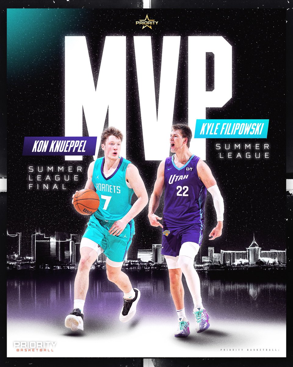 PrioritySports's tweet image. MVP x2️⃣
@Kon2Knueppel stepped up in the title game to win Summer League Championship MVP, while @kylefilipowski claimed Summer League MVP honors. 🥇
@hornets | @utahjazz