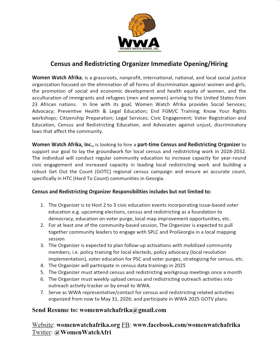 Announcement: Women Watch Afrika Is Hiring A Part-Time Census and Redistricting Organizer. See attached flyer.