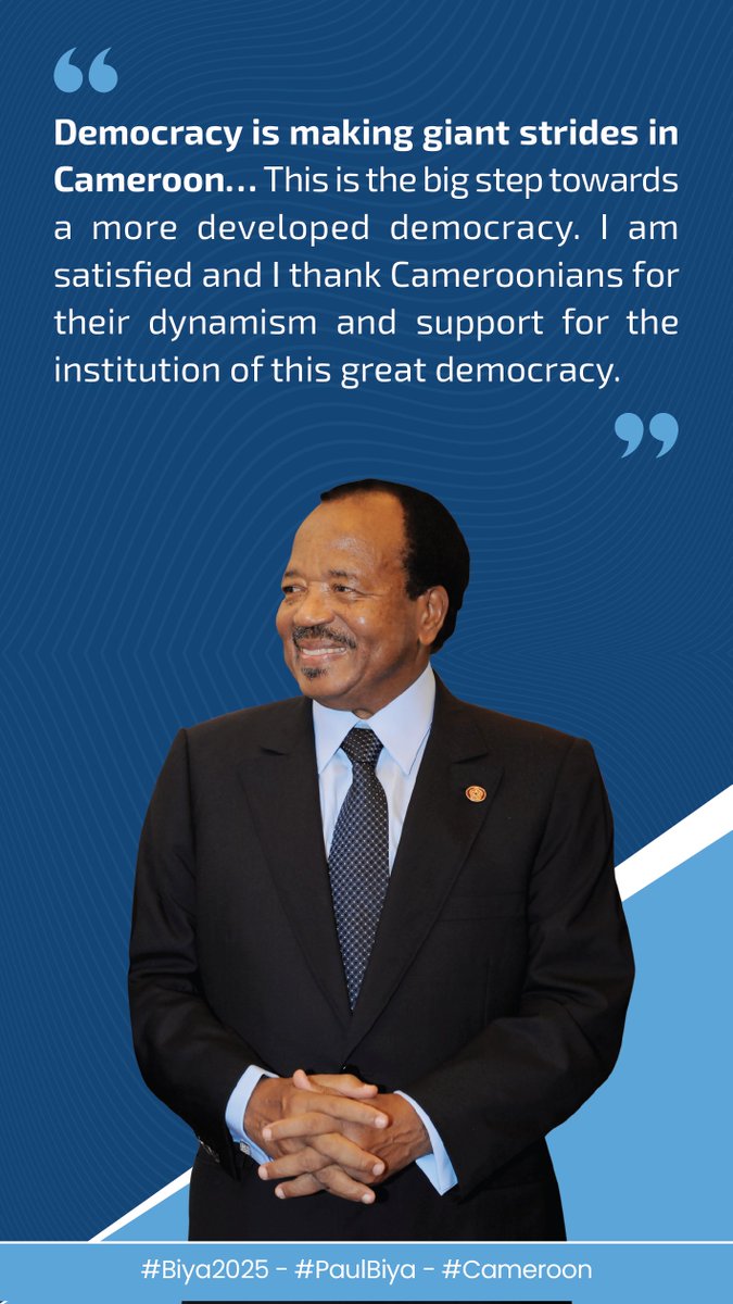PR_Paul_BIYA's tweet image. Democracy is making giant strides in Cameroon… This is the big step towards a more developed democracy. I am satisfied and I thank Cameroonians for their dynamism and support for the institution of this great democracy.
#Biya2025
#PaulBiya
#Cameroon