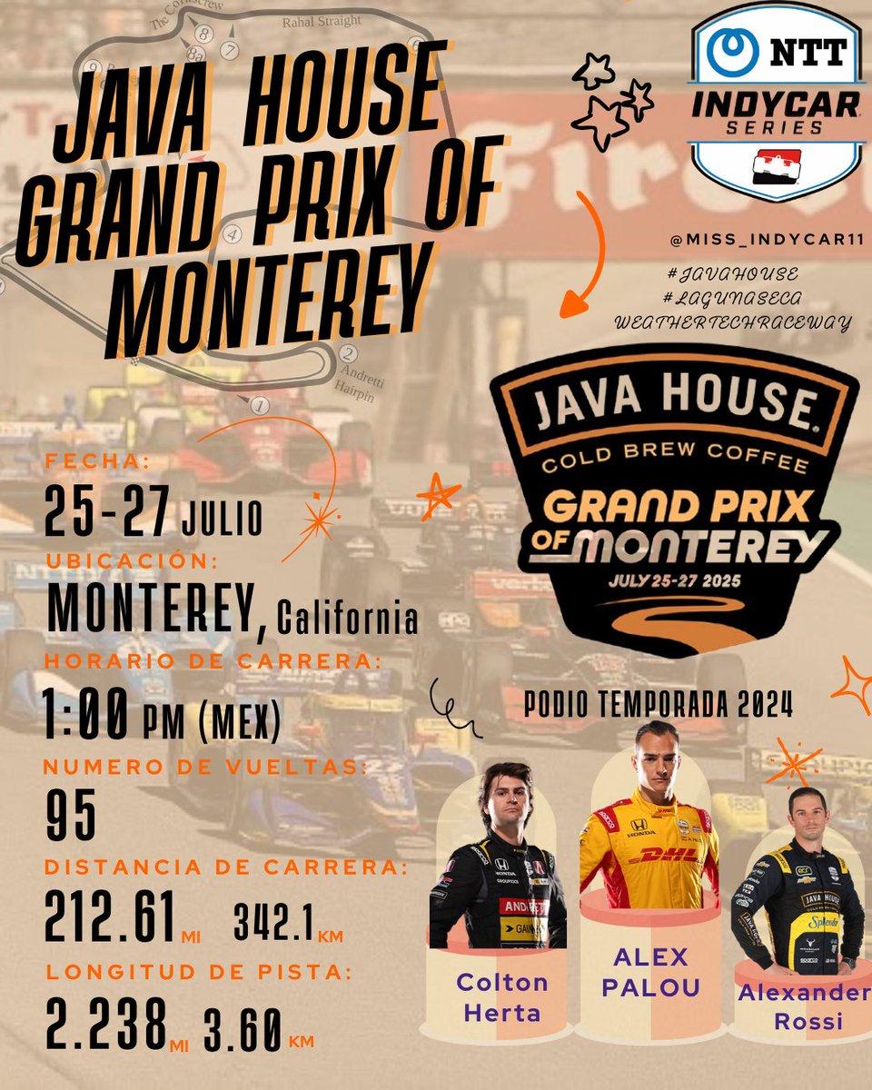 MissIndycar11's tweet image. Ya estamos entrando en la recta final de la temporada 2025 de @IndyCar y este fin de semana estamos de vuelta en una de las pistas favoritas, Laguna Seca🔥🔥
Aquí les dejamos los horarios e información para este fin de semana⬇️💘
#LagunaSeca #JavaHouseGP #IndyCar
-💙🦕🦦
