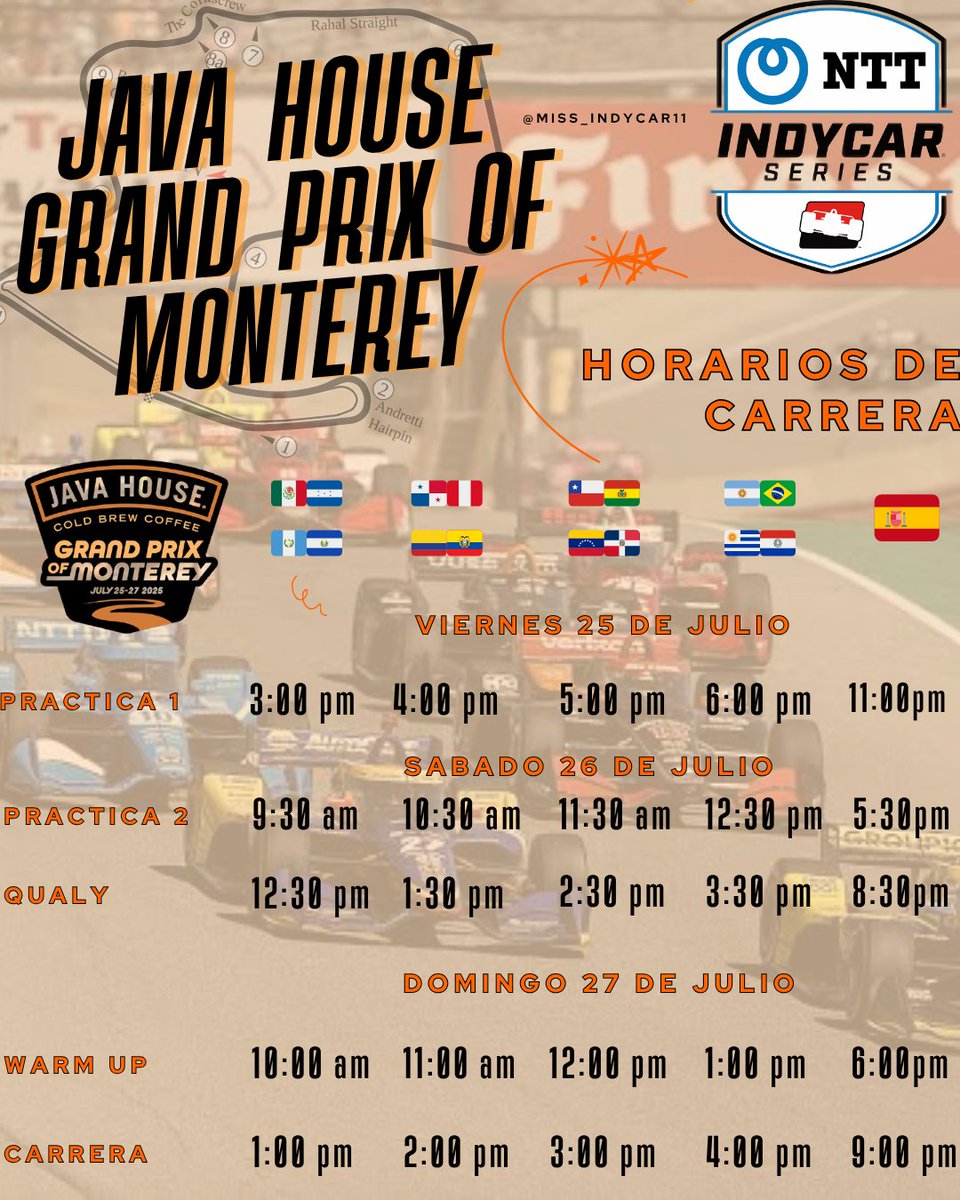 MissIndycar11's tweet image. Ya estamos entrando en la recta final de la temporada 2025 de @IndyCar y este fin de semana estamos de vuelta en una de las pistas favoritas, Laguna Seca🔥🔥
Aquí les dejamos los horarios e información para este fin de semana⬇️💘
#LagunaSeca #JavaHouseGP #IndyCar
-💙🦕🦦