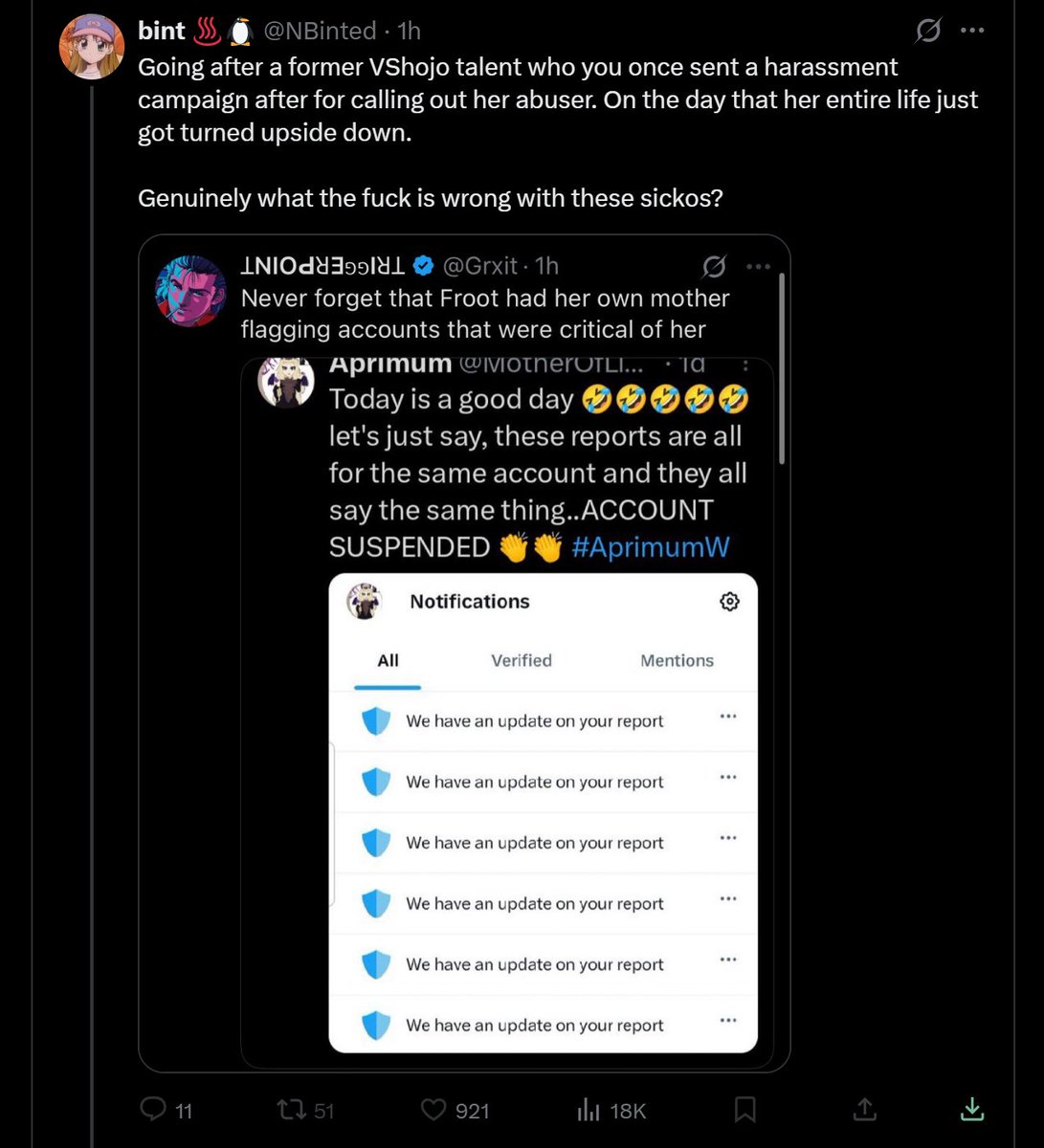 Grxit's tweet image. Criticizing her a handful of times isn't a "sending a harassment campaign".
You, on the other hand, have sent nonstop vitriol to Filian, Pippa, Kirsche, Rima, Doki, Sayu, and those are just the ones I can think of off the top of my head.