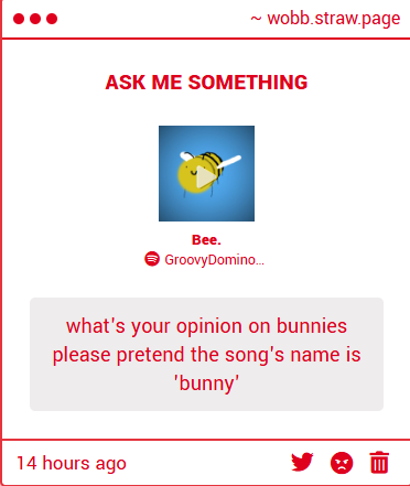 wobbuuu's tweet image. "wha's your opinion on bunnies please pretend the song's name is 'bunny'" -> i like bunnies wobb.straw.page