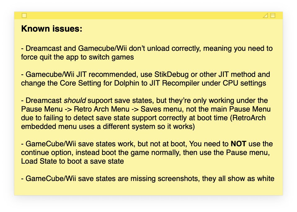 Making a new TestFlight/Sideload build for 3.1.0 with fully working (with caveats) Dreamcast and GameCube/Wii JIT and JITless modes.

GC/Wii JIT really recommend.

Here's the known issues I'm working on before final release that will be in this next build still.