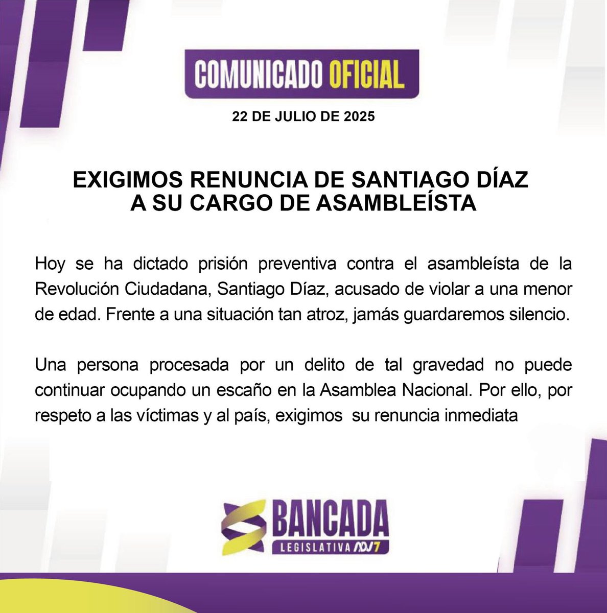 BancadaADN's tweet image. 🟣COMUNICADO🟣
Exigimos la renuncia de Santiago Díaz a su cargo de asambleísta