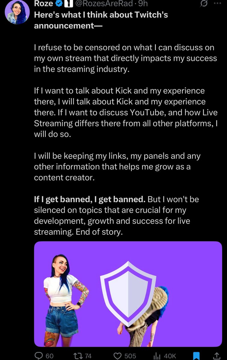 Awk20000's tweet image. Roze says she refuses to be “censored” after the latest update to Twitch’s multistreaming guidelines
“If I want to talk about Kick and my experience..I will talk about Kick and my experience..I will be keeping my links, panels, and any other info..if I get banned, I get banned”