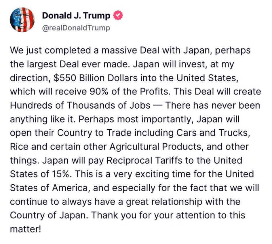 cturnbull1968's tweet image. Hahahaha 😂😂😂😂
Japan is not investing $550B into the US at Trump’s direction and then giving 90% of the profits to the us.
What kind of moron believes this?