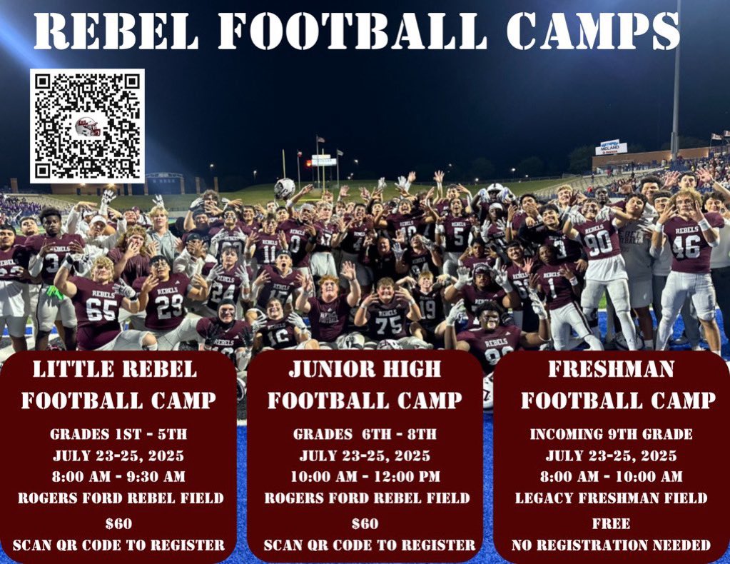 Rebel 🏈 Camp kicks off tomorrow morning!  You can still register.  
Click the link 👇🏽!

midlandisd.revtrak.net/legacy-senior-…

Can’t wait to see all our future Rebels!  Look forward to working with you.