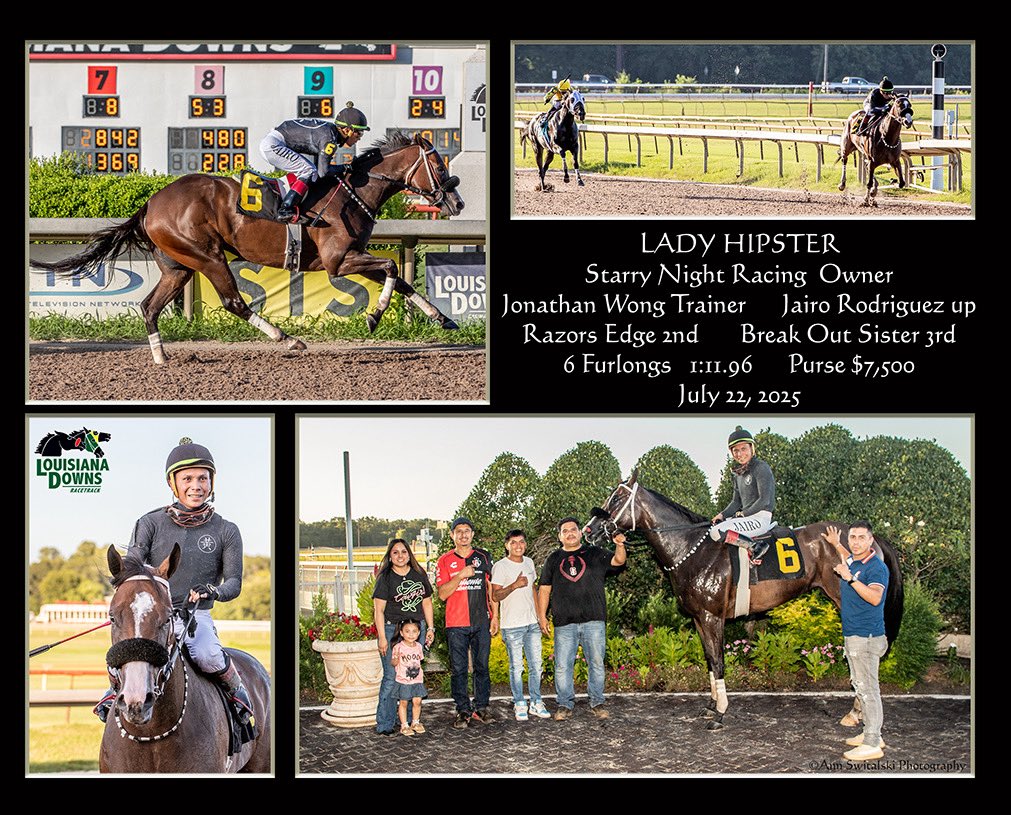Jonathan Wong Racing Stables (@jawongracing) on Twitter photo Lady Hipster crushed in her first start in over 1 1/2 years today <a href="/LouisianaDowns/">Louisiana Downs Racetrack & Casino</a>. Huge congratulations & thx you to her owner <a href="/shaqdog/">Gerson Racing</a> & Jairo Rodriguez for the smart ride. <a href="/MJVETWong/">M.Wong</a> <a href="/Director_Roxy/">Roxanne Tanner</a> <a href="/JohnLMcGary/">John L McGary</a> <a href="/EliteRaceSales/">EliteSales</a> <a href="/LanesEndFarms/">Lane's End</a> <a href="/keenelandsales/">Keeneland Sales</a> Lady Hipster crushed in her first start in over 1 1/2 years today <a href="/LouisianaDowns/">Louisiana Downs Racetrack & Casino</a>. Huge congratulations & thx you to her owner <a href="/shaqdog/">Gerson Racing</a> & Jairo Rodriguez for the smart ride. <a href="/MJVETWong/">M.Wong</a> <a href="/Director_Roxy/">Roxanne Tanner</a> <a href="/JohnLMcGary/">John L McGary</a> <a href="/EliteRaceSales/">EliteSales</a> <a href="/LanesEndFarms/">Lane's End</a> <a href="/keenelandsales/">Keeneland Sales</a>
