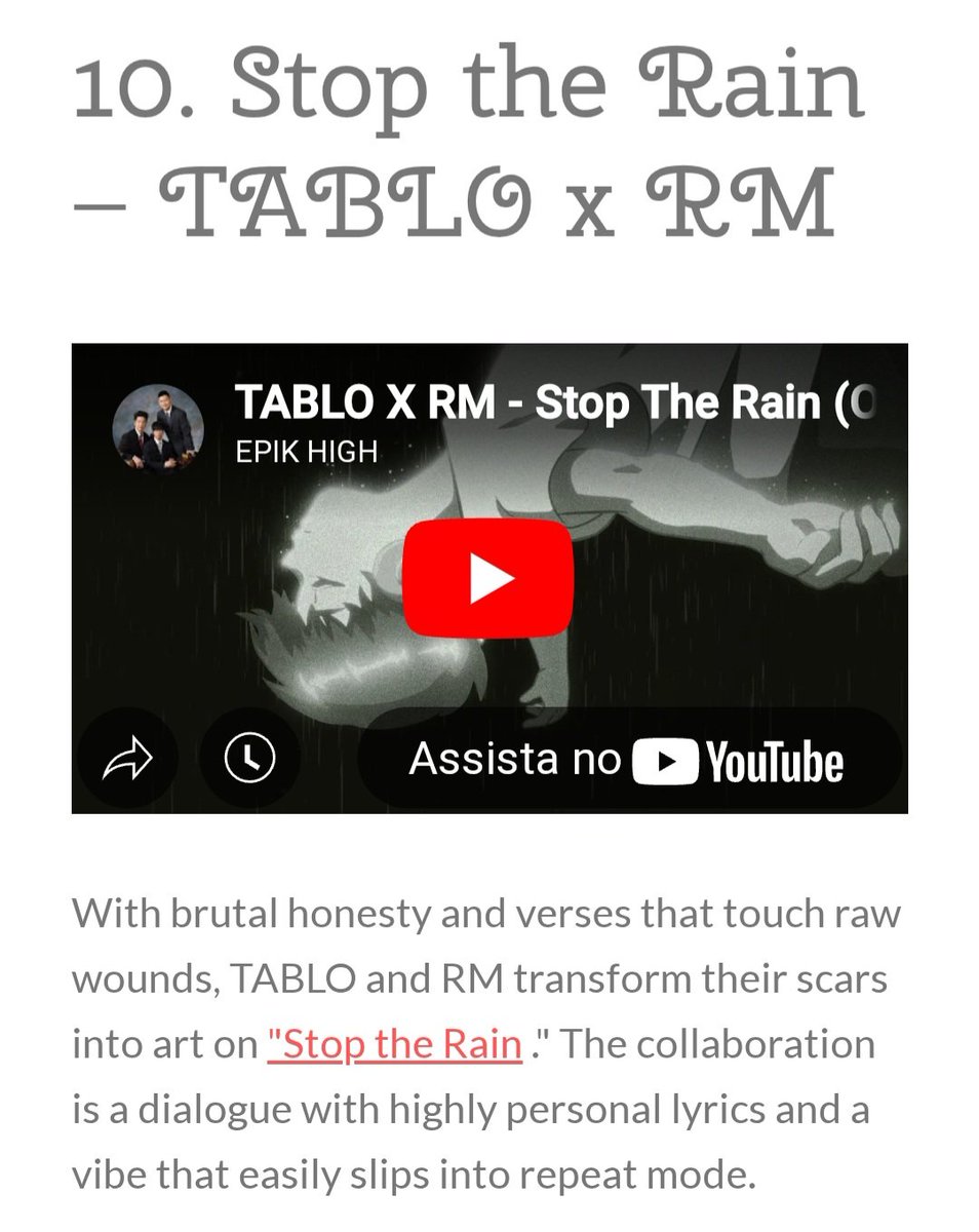 Moonchildren101's tweet image. Stop The Rain by Tablo & RM was selected as one of the best Kpop songs released in 2025 by the Brazilian website "Hasta La Tour".
"With brutal honesty and verses that touch raw wounds, TABLO and RM transform their scars into art on"Stop The Rain. The collaboration is a dialogue…