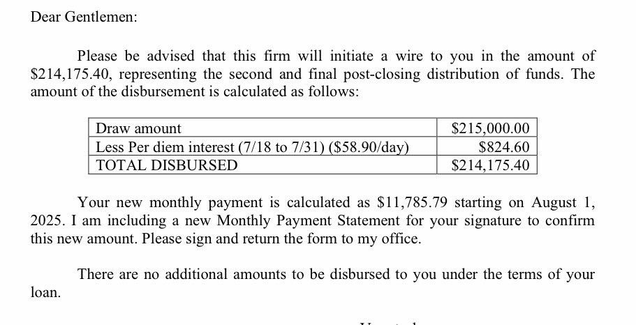 SunShakSunday's tweet image. Final Construction Draw Rec’d on Project Fairmount
Lender is a local Lawyer - v buttoned up. He even escrows our taxes and insurance 😅
Gave 100% of purchase + 75% of cons in 2 draws.
1st after passing roughs
2nd after installing floors
Unsure if I’d take this deal again