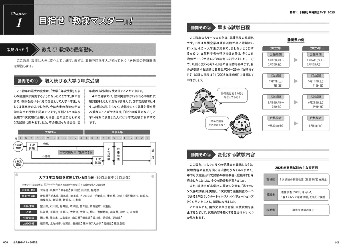 kyousemi's tweet image. 【#KYOUSEMI 9月号 特集1をチラ見せ👀】
2026年 受験者向けの『 #教採 攻略完全ガイド』
・3年次受験や試験日程の早期化などの最新情報
・ #教員採用試験 の仕組みや倍率などの基本情報
・気になる”教採の共同実施”について、文部科学省の担当課に取材した㊙️レポートも!…
