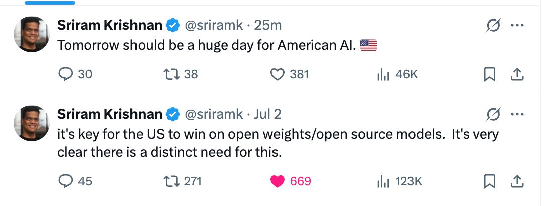 natolambert's tweet image. but really these being the last two tweets from a senior AI advisor gives me hope for at least some part of the AI puzzle
(white house AI action plan drops tomorrow)