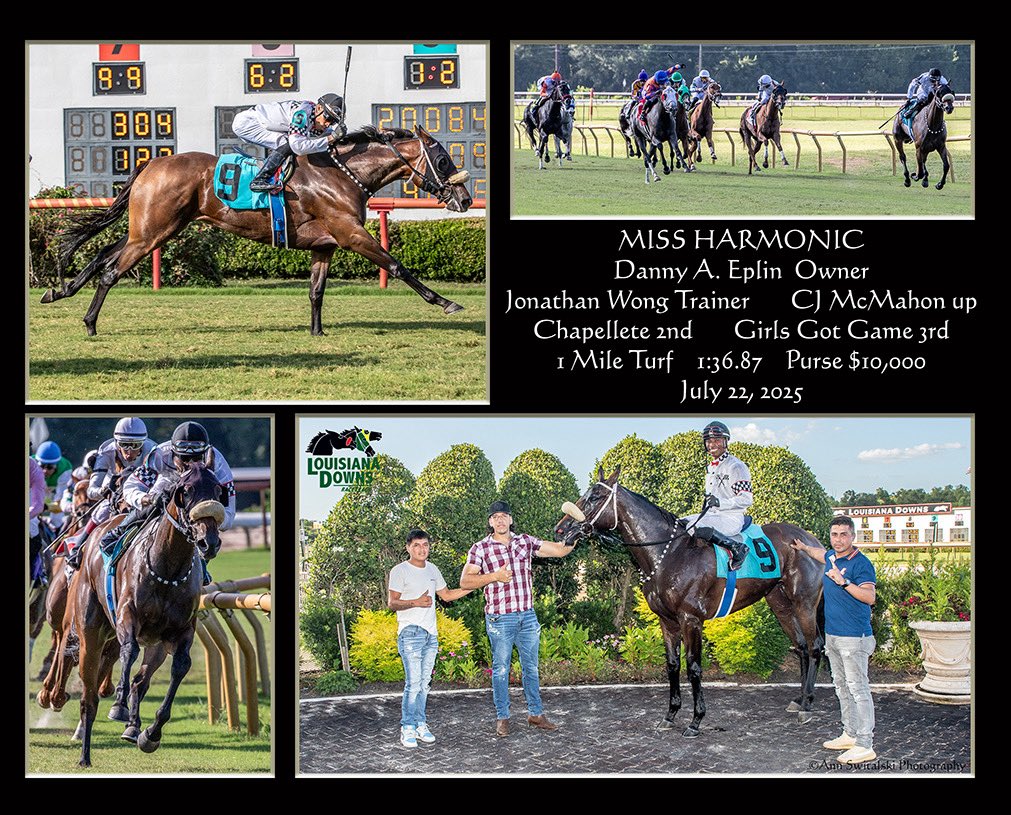 Jonathan Wong Racing Stables (@jawongracing) on Twitter photo Miss Harmonic scored a game victory today <a href="/LouisianaDowns/">Louisiana Downs Racetrack & Casino</a>. Congratulations & thank you to her owner <a href="/DanEplin/">Dan Eplin</a> & <a href="/CJMcMahonJockey/">CJ McMahon</a> for the perfect ride. <a href="/MJVETWong/">M.Wong</a> <a href="/Director_Roxy/">Roxanne Tanner</a> <a href="/JohnLMcGary/">John L McGary</a> <a href="/DarleyAmerica/">Darley in America</a> Miss Harmonic scored a game victory today <a href="/LouisianaDowns/">Louisiana Downs Racetrack & Casino</a>. Congratulations & thank you to her owner <a href="/DanEplin/">Dan Eplin</a> & <a href="/CJMcMahonJockey/">CJ McMahon</a> for the perfect ride. <a href="/MJVETWong/">M.Wong</a> <a href="/Director_Roxy/">Roxanne Tanner</a> <a href="/JohnLMcGary/">John L McGary</a> <a href="/DarleyAmerica/">Darley in America</a>