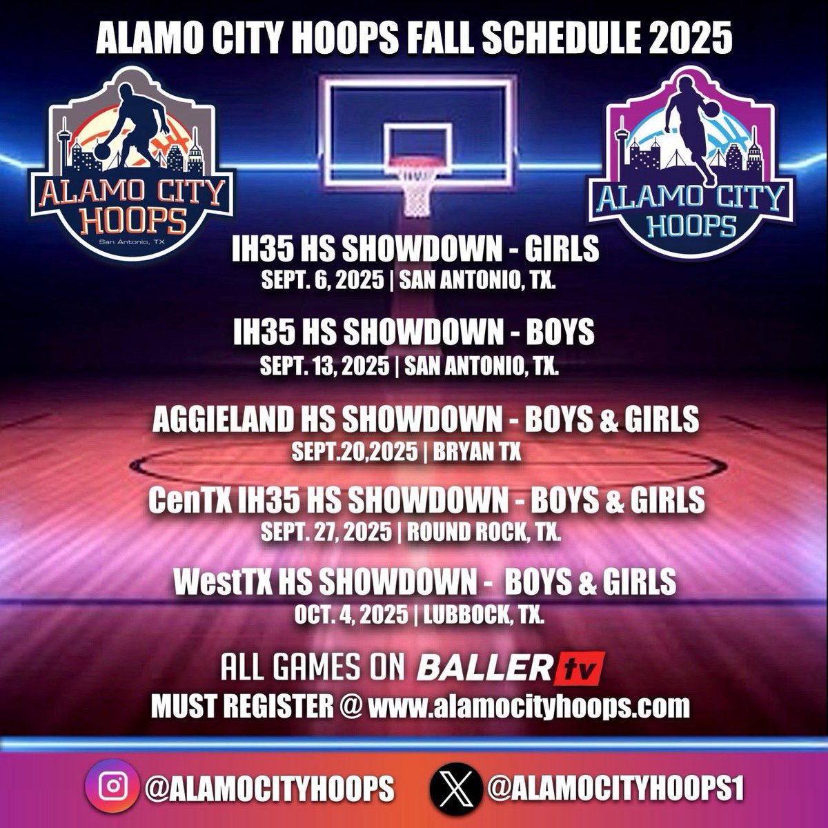🚨2025 Fall Events!🚨
🗣️Registration NOW Open
💻 alamocityhoops.com/news_article/s…
📆SEP 6 Girls I35
📍SAT, TX
📆SEP 13 Boys I35
📍SAT, TX
📆SEP 20 Aggieland Boys &amp; Girls
📍Bryan, TX
📆SEP 27 CenTX I35 Boys &amp; Girls
📍RR, TX
📆OCT 4 WestTX
📍Lubbock, TX
#AlamoCityHoops <a href="/ACH_GBB/">Alamo City Hoops GBB</a> #NEP #IYKYK