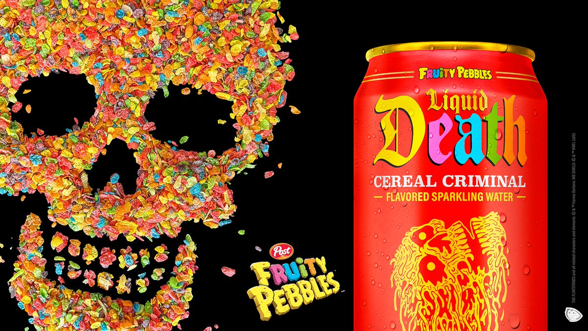 foodbeast's tweet image. Liquid Death X Fruity Pebbles-Flavored Sparkling Water Is Now A Thing 🥣
This is Liquid Death's most nostalgic collaboration yet: Cereal Criminal. Now available at select retailers and Amazon for a limited time, it captures the iconic taste of Fruity Pebbles cereal and milk!