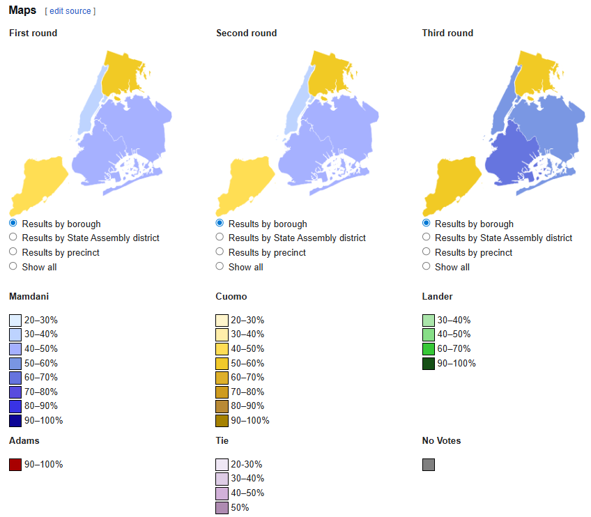 orcasaccount's tweet image. Added borough, state assembly district, and precinct level results to Wikipedia for all rounds of the 2025 New York City Democratic mayoral primary. All maps are viewable here: en.wikipedia.org/wiki/2025_New_…