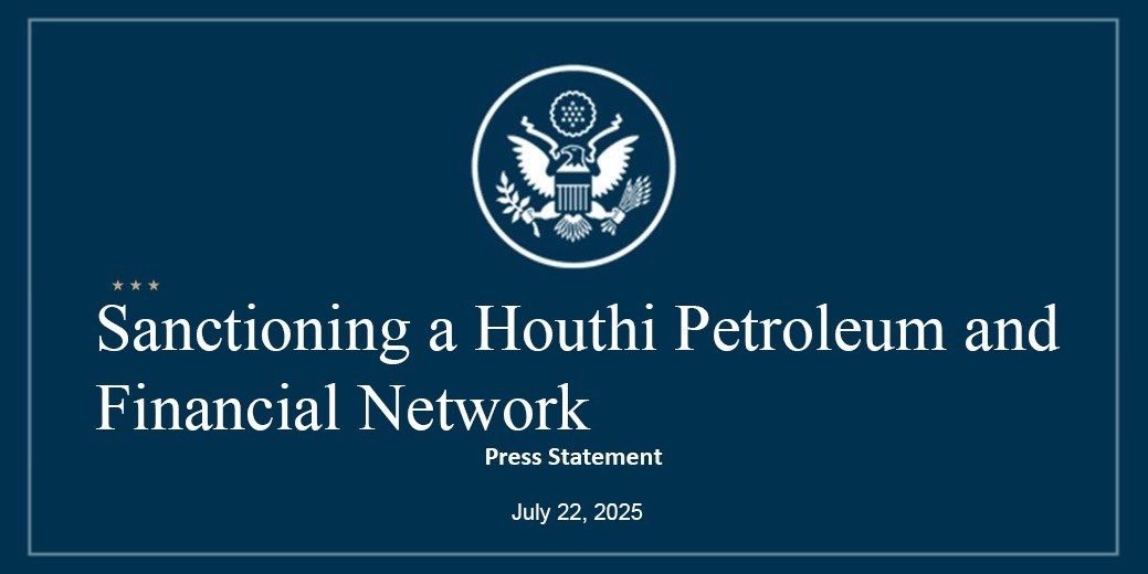 CENTCOM's tweet image. The United States is today sanctioning two individuals and five entities that have imported refined petroleum products and circumvented sanctions in support of the Houthis. These actors have generated millions in personal gains while bolstering the Iran-backed Houthis’ ability…