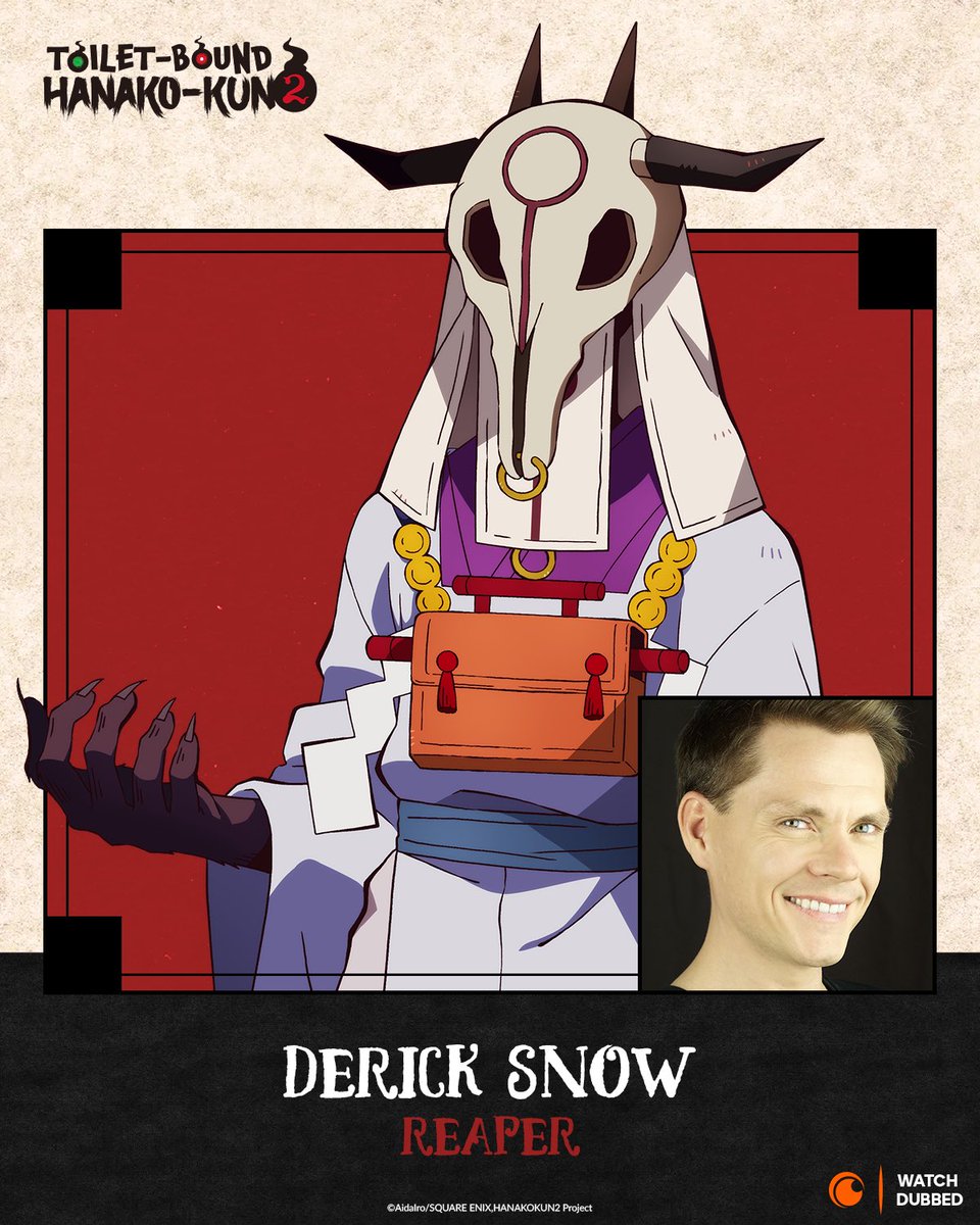 theDerickSnow's tweet image. I’m happy to officially return as the Grim Reaper in Toilet-Bound Hanako-Kun! No. 6 is endlessly enigmatic; the mysterious god of death… you’ll see.
Watch on #Crunchyroll 💀✨🚽
Thanks Jad and crew for honing SPOOPY vibes in the delightfully dead-ish #tbhk!
#anime #voiceactor
