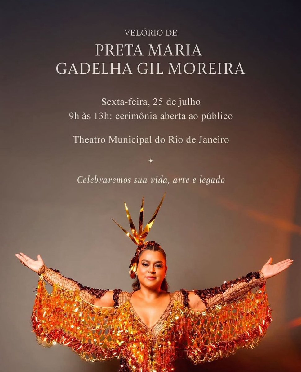 vaidesmaiar's tweet image. Família divulga informações sobre o velório de Preta Gil. Corpo da cantora será velado nesta sexta (25), das 09h às 13h, no Theatro Municipal do Rio de Janeiro.